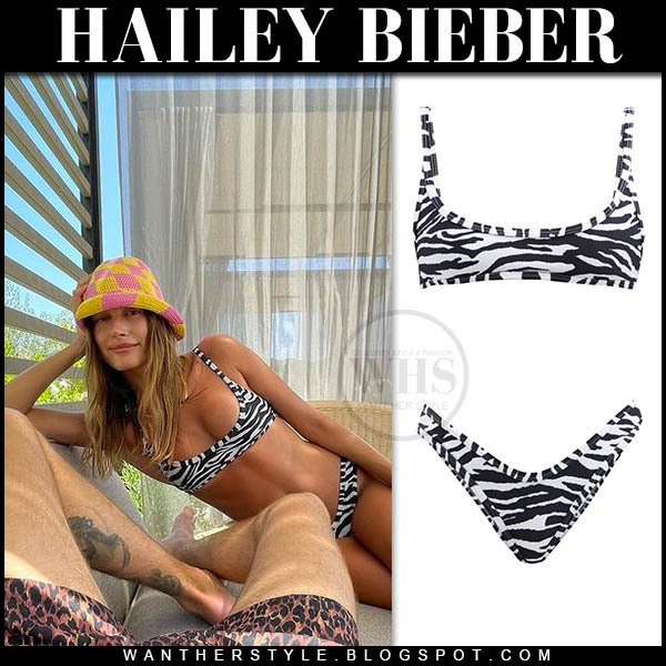Hailey Bieber in black and white zebra print bikini