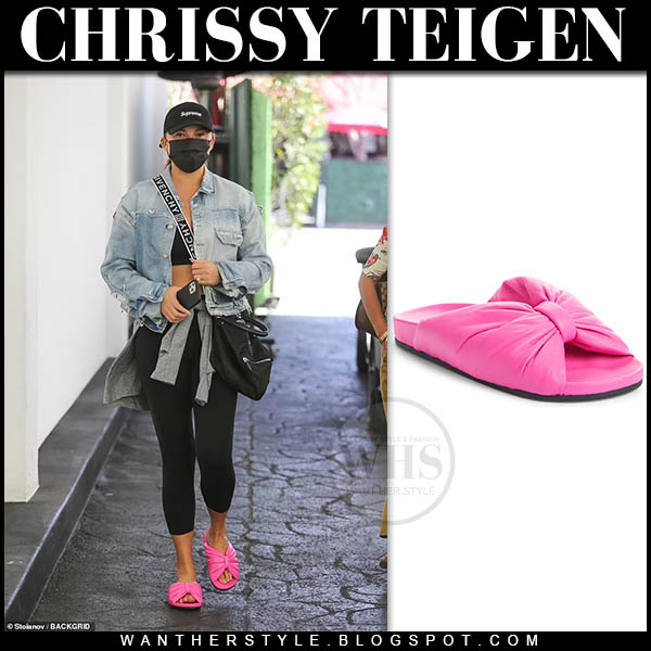 Chrissy Teigen in denim jacket, leggings and pink slide sandals