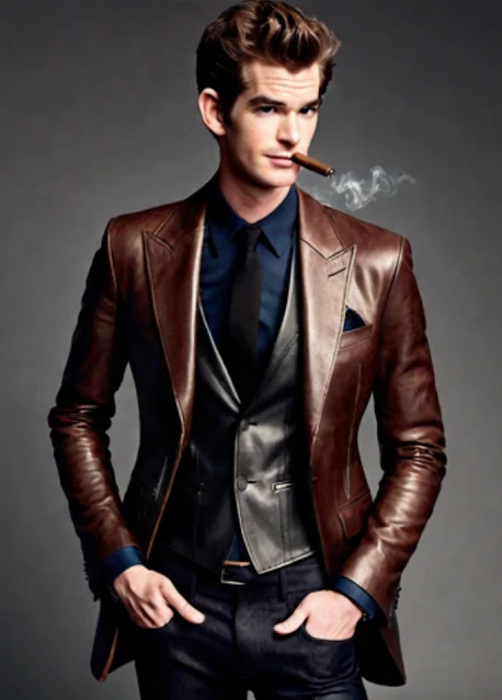 From the knees up Andrew Garfield smoking wearing a brown leather blazer with black and vest underneath and suit