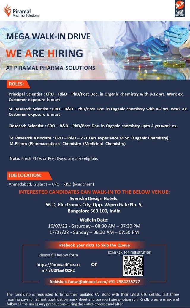 Piramal Pharma Solutions | Walk-in interview for CRO - R&D at Bangalore for Ahmedabad location on 16th & 17th July 2022