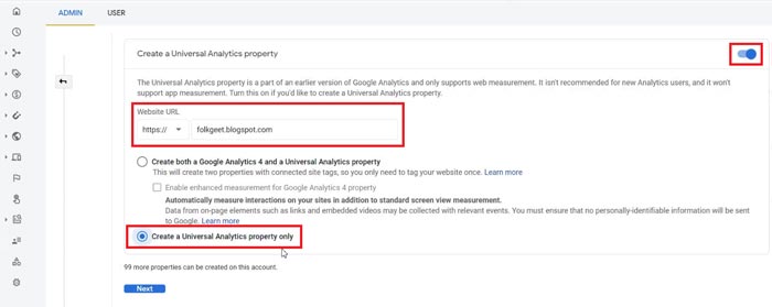 How to create Universal Analytics property for websites?