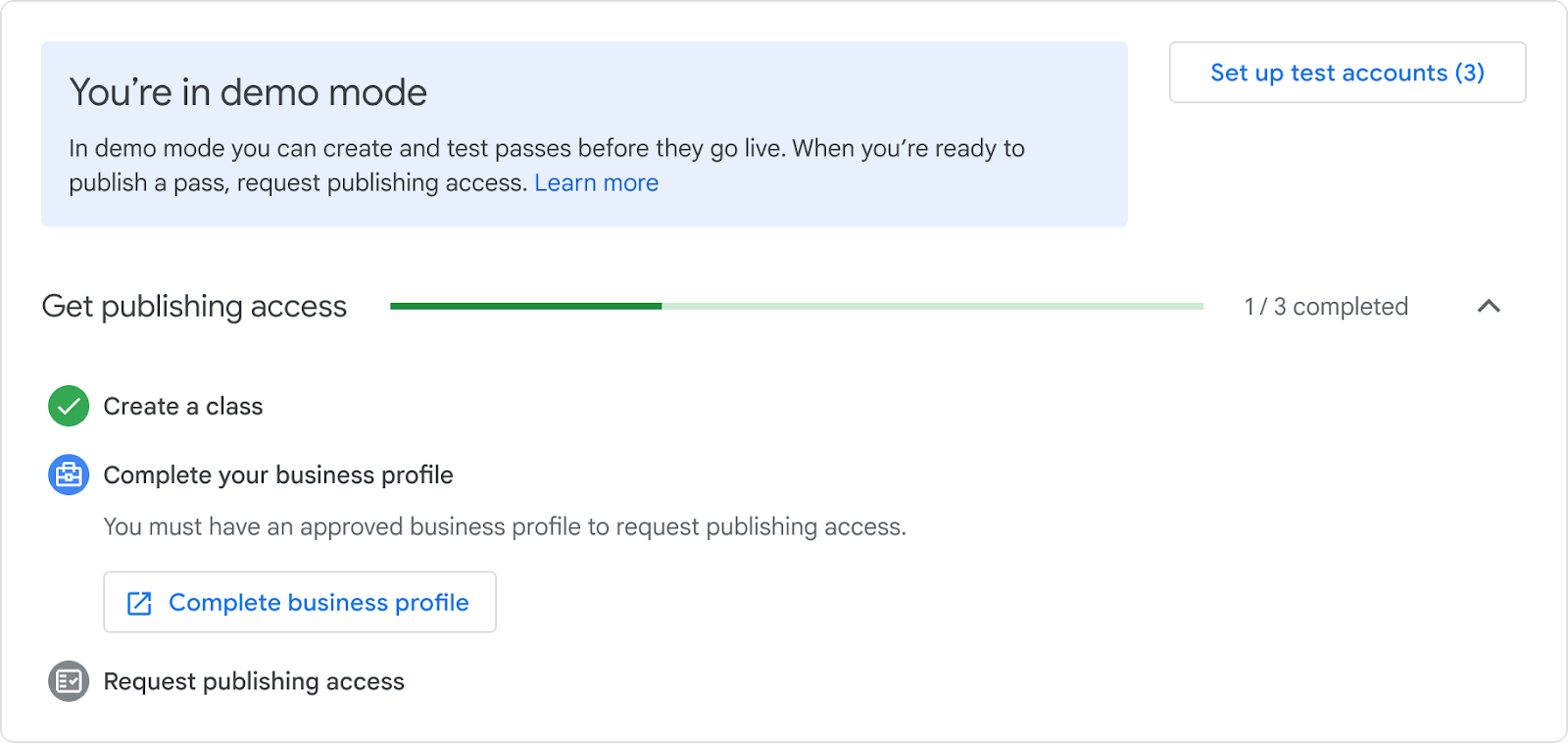 The demo mode notice on the Google Wallet API console page
