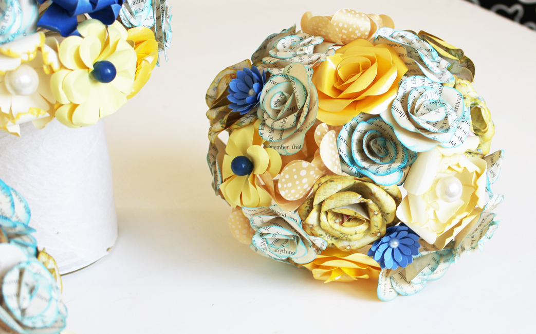 Wedding Bouquets in YELLOW COBALT BLUE and BOOK PAPER
