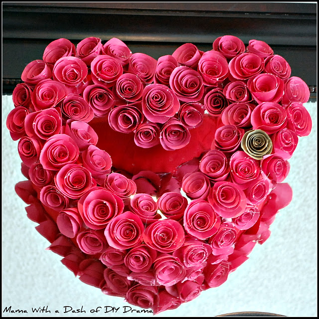 Make a heart wreath form into a beautiful paper rose Valentine decor item