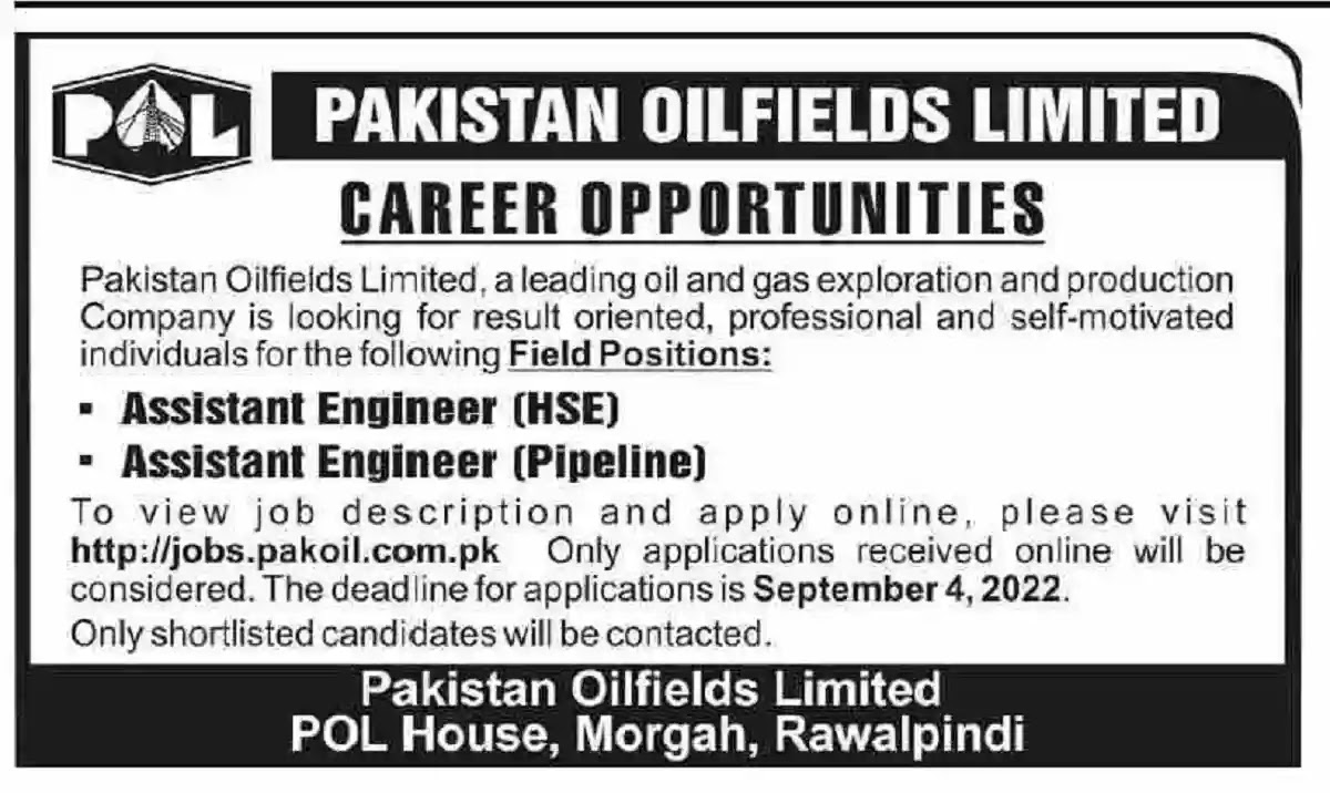 Pakistan Oilfields Limited POL Jobs 2022 Assistant Engineer HSE and Pipeline