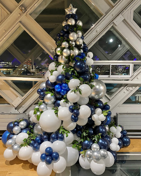 Blue Silver and White Balloon Christmas Tree