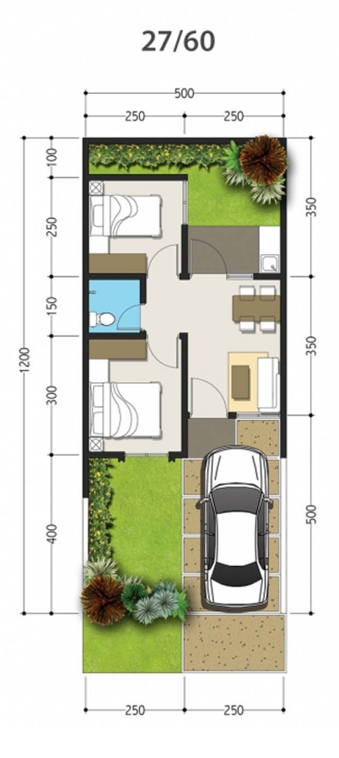 Denah rumah minimalis ukuran  5x12 meter 2 kamar  tidur 1 