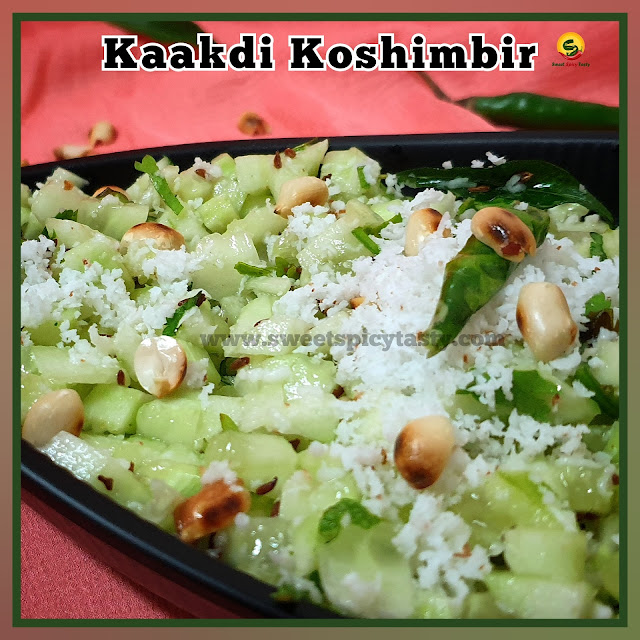 Kaakdi koshimbir is a typical Maharashtrian style cucumber salad with a garnish of fresh coconut and roasted peanuts, kakdi salad , koshimbir , kosambri , kosamri , vellarikaai kosmalli , koshimbir, kakadyachi koshimbir