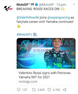 Resmi! Valentino Rossi Gabung Petronas Yamaha SRT Tahun 2021