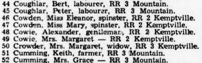 Canada, Canada, Voters Lists, 1935-1980, 1949 Voters List for the Electoral District of Grenville-Dundas. Rural Polling Divition No. 46-1, Township of South Gower: 1 [3140 stamped], Mrs. Margaret Cowie; digital images, Ancestry.com, Ancestry.com (www.ancestry.com : accessed 20 Mar 2021); citing Library and Archives Canada microfilm M-4836.