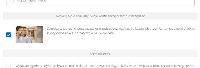 Aktywacja usługo "Moje cele" we wniosku o eKonto osobiste w mBanku