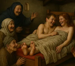 Scène de fiançailles charnelles en Bretagne médiévale – illustration réaliste d’un couple au XIVe siècle. Couple paysan riant au lit au Moyen Âge, entouré de villageois – scène intime dans une maison bretonne au XIVe siècle.