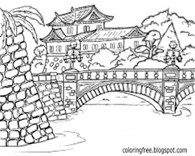 Stone bridge waterway Asia elegant garden pond coloring book page for adults printable drawing ideas