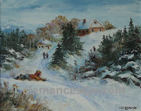 A great slide, 8 x 10 oil painting by Clemence St. Laurent - child sliding down a snowy hill on a sleigh in the countryside