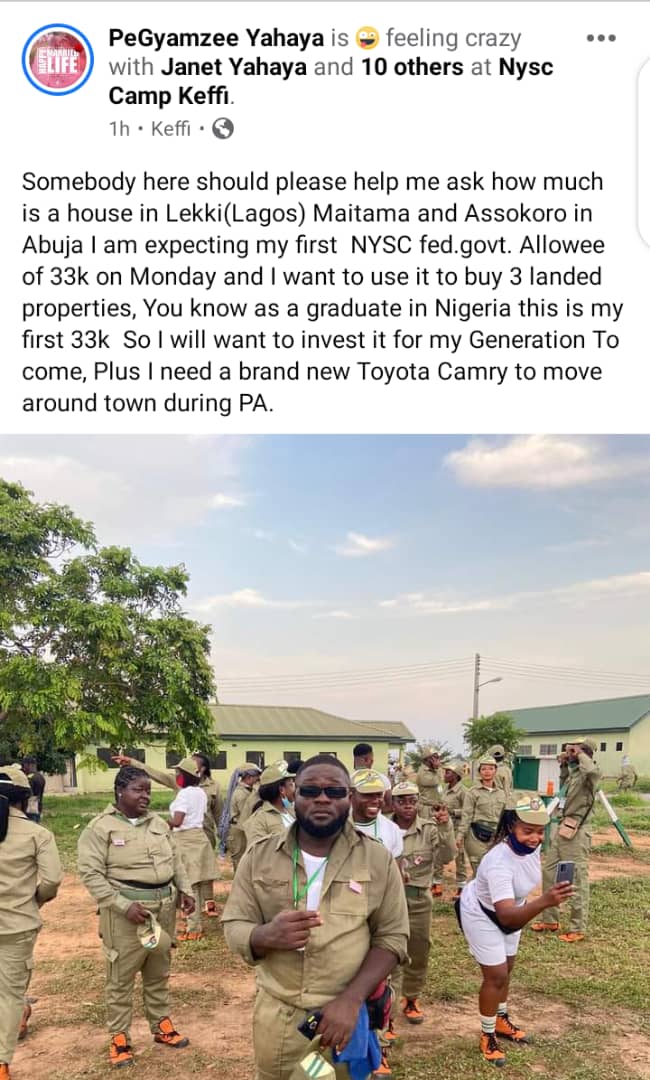 I will buy 3 houses in Lekki, Assokoro, Maitama And A Toyota Camry with my First 33k NYSC Allowee. :- Hausa Rapper, PeGyamzee #Arewapublisize