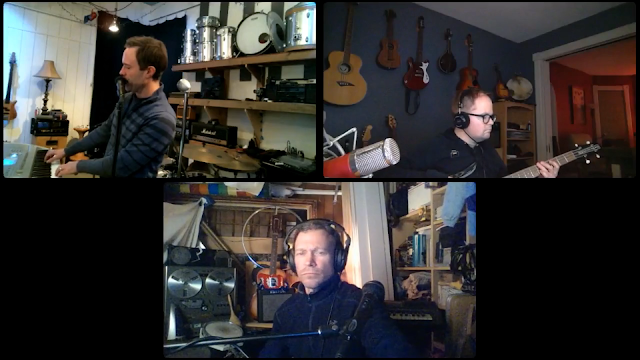 Screenshot of musicians with instruments over video chat