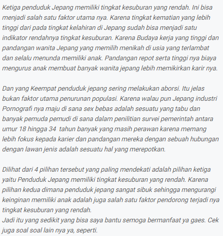 Jepang mengalami penurunan jumlah penduduk. Hal tersebut terjadi karena a.) adanya peraturan yang membatasi jumlah anak