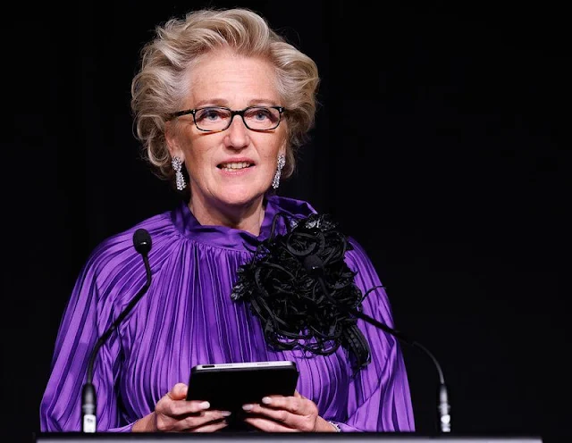 Princess Astrid wore a pussy-bow G logo-print silk-faille dress by Gucci. Princess Astrid attended the Belgian official reception