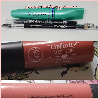 Broadway Beauty Eyebrow pencil, Black / Brown, Broadway Colors Lengthening Mascara in Black, J Cat Beauty Lipfinity Matte Lip, Champagne Pop,