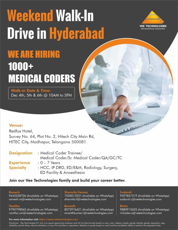 VEE Technologies - Medical Coding jobs for freshers Candidates Hyderabad 2021.