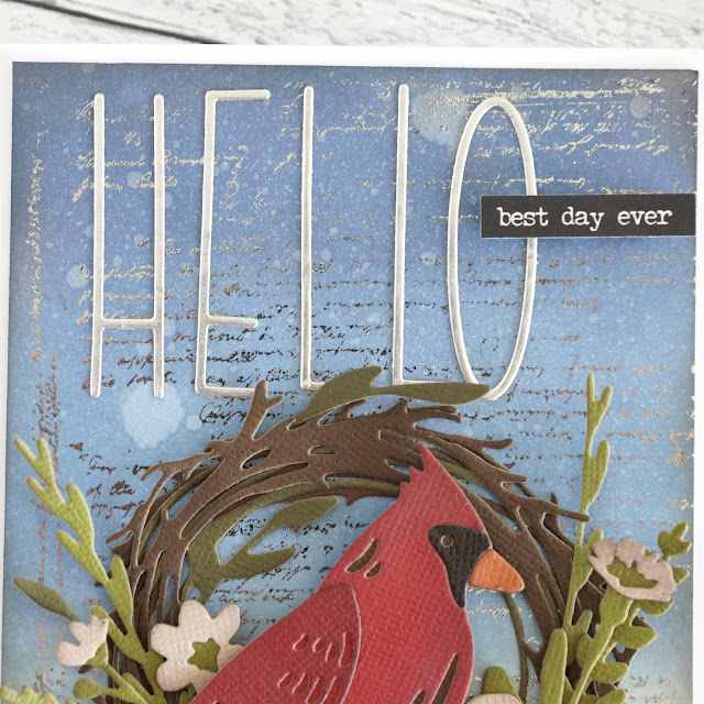 Handmade card: Tim Holtz distress oxide in speckled egg, chipped sapphire, faded jeans, feathered cardinal die cut, funky wreaths, funky nature; Heidi Swapp minc toner ink kit, silver foil; Scrapbook.com tall skinny alphabet dies