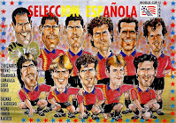 SELECCIÓN DE ESPAÑA - Temporada 1993-94 - Zubizarreta, Fernando Hierro, Guardiola, Camarasa, Sergi, Goicoetxea; Julio Salinas, Julen Guerrero, Nadal, Ferrer y Alkorta - Montaje de caricaturas de la Selección españala en el Mundial de 1994 en Estados Unidos