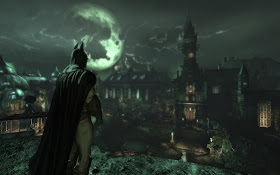 Batman at Arkham East, looking out at Arkham Mansion