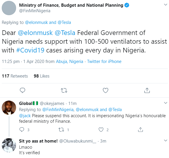 Nigerians Reacts as Ministry of Finance begs Elon Musk for ventilators