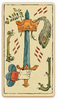 Ace of Swords card - Colored illustration - In the spirit of the Marseille tarot - minor arcana - design and illustration by Cesare Asaro - Curio & Co. (Curio and Co. OG - www.curioandco.com)