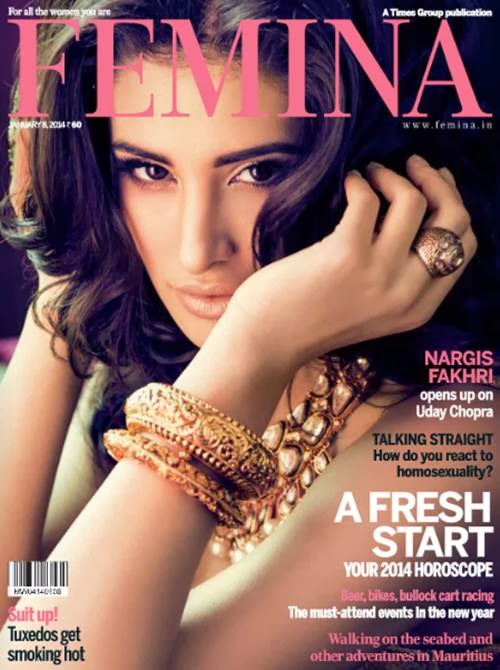 Magazine Cover : Nargis Fakhri Magazine Photoshoot Pics on Femina Magazine India January 2014 Issue 