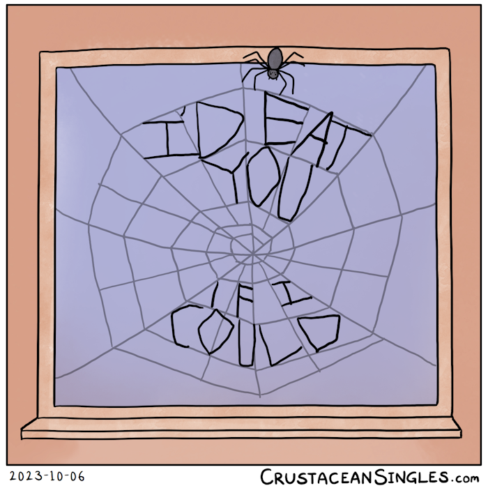 A spider has spun a web inside a window frame. The spider sits at the top. The spider has spun words into the web: "I'd eat you if I could".
