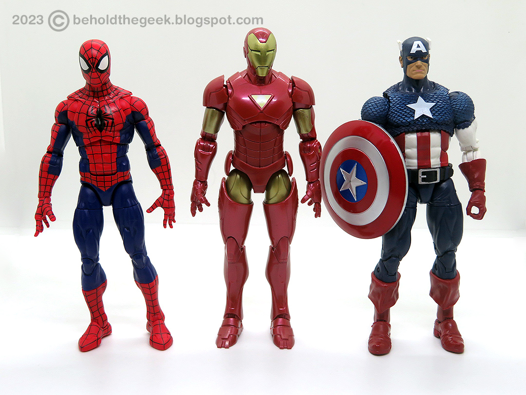 Comparison image of Hasbro Marvel Legends Extremis Iron Man with Captain America and Spider-Man