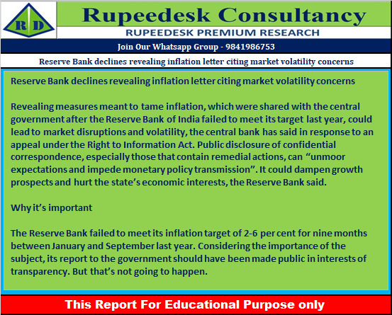 Reserve Bank declines revealing inflation letter citing market volatility concerns - Rupeedesk Reports - 14.02.2023