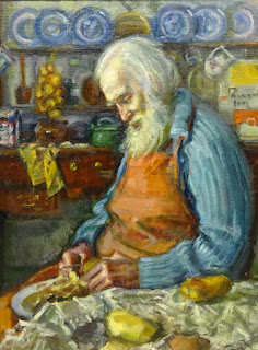 Old Man Peeling Potatoes Portrait Interior