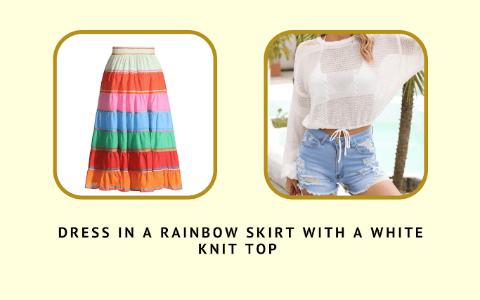 rainbow skirt with a white knit top