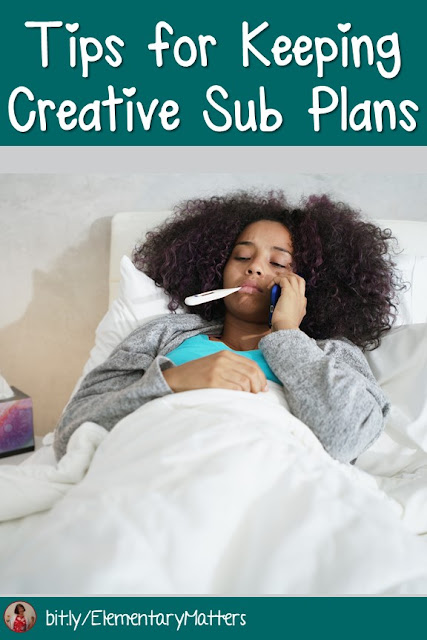 Tips for Keeping Creative Sub Plans: Feeling sick? Taking the time to prepare sub plans ahead of time makes life a little easier. This post has several ideas, including several freebies you can print and put into your own Sub Tub.