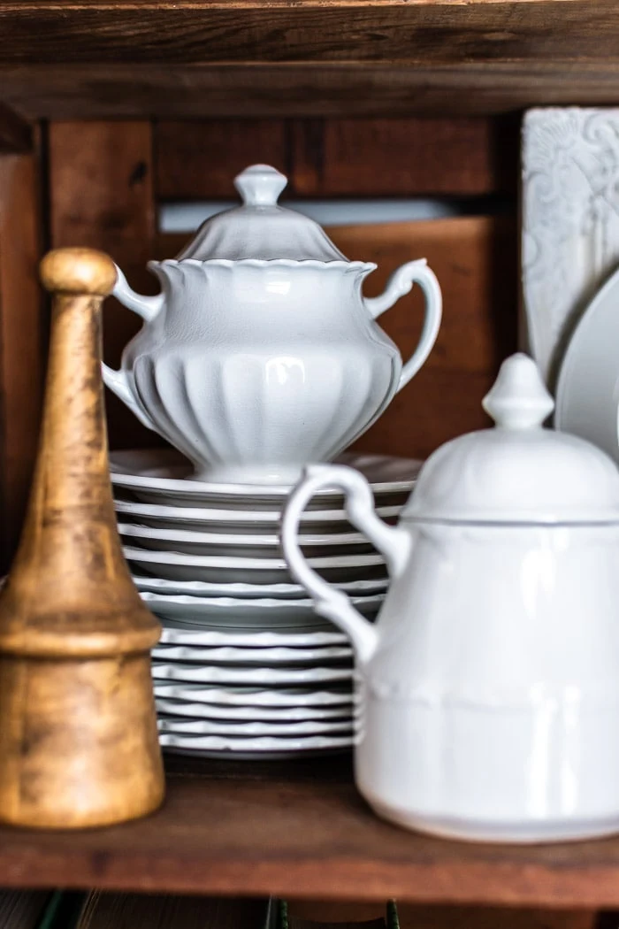 stacks of vintage white ironstone