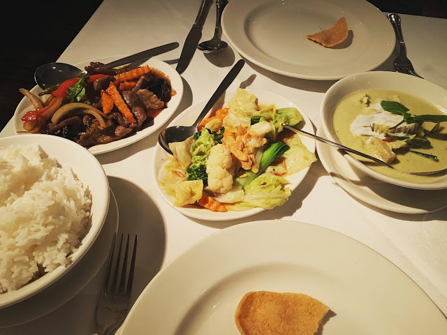 Thai green curry, stir-fried beef, mixed vegetables and Thai rice