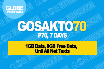 GOSAKTO70 - 1GB Data, 8GB Free Data,  Unli All Net Texts, 7 Days Validity