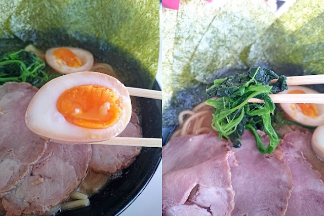 豚骨醤油チバリラーメンの味玉とほうれん草の写真