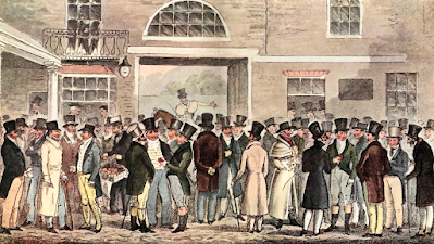 Monday after the 'Great St Leger' or Heroes of the Turf paying & receiving at Tattersalls by R Cruikshank from The English Spy by B Blackmantle (1825)