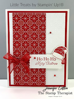 This Christmas card uses Stampin' Up!®'s Little Treats Bundle.  We also used the Heartwarming Hugs Desgner Paper, Real Red Sheer Ribbon, Dainty Diamonds embossing folder, and Red Rhinestone Basic Jewels.  Check out the blog for a video & supply list.  #StampTherapist #StampinUp