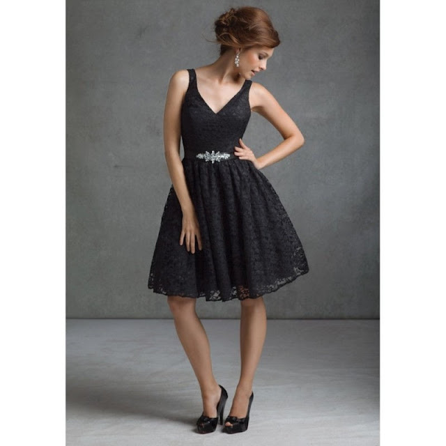 wonderful-A-Line-V-Neck-Beading-Ribbons-Short-Lace-Black-Bridesmaid-Dress