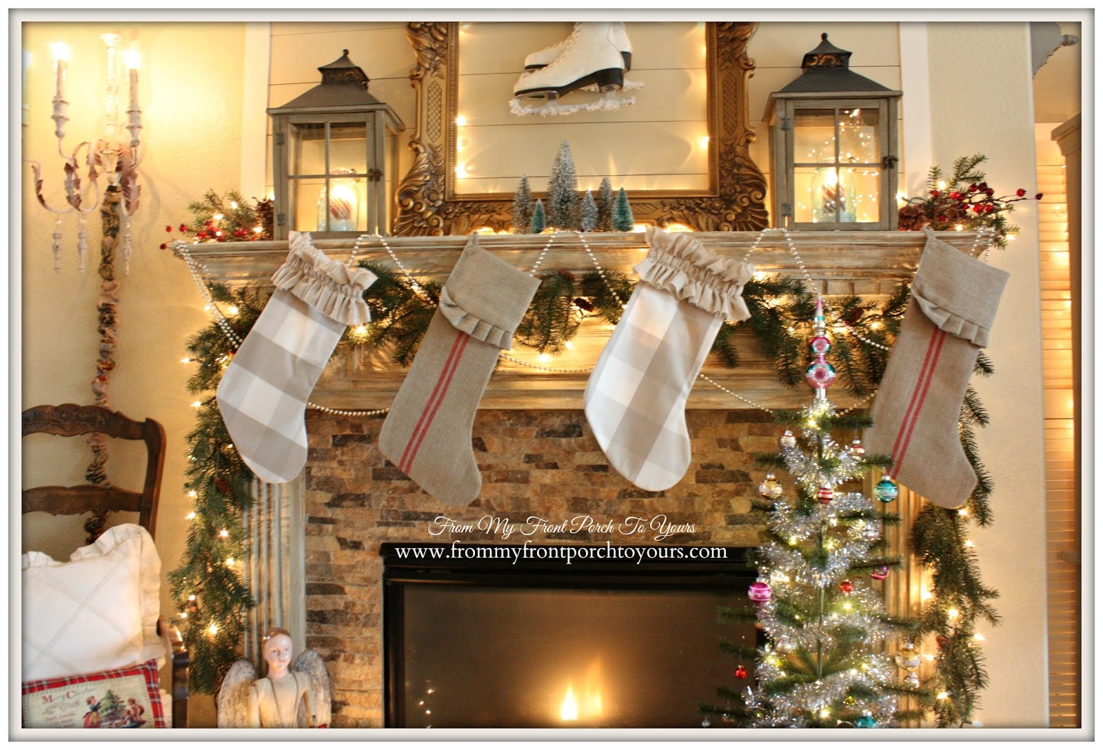 Grain Sack Christmas Stockings-DIY Buffalo Check Christmas Stockings-French Farmhouse Vintage Christmas Mantel 2014- From My Front Porch To Yours