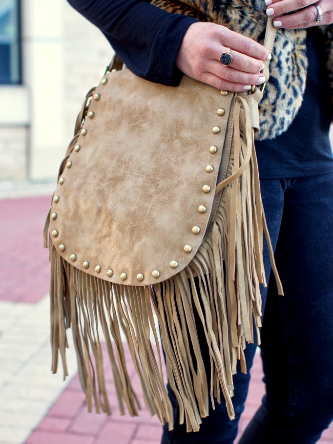 studded taupe fringe crossbody