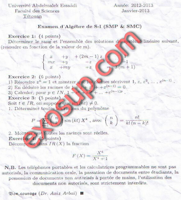 examen d'algèbre de S1 smpc FS Tétouan 2012 2013