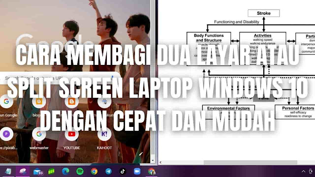 Cara Membagi Dua Layar atau Split Screen Laptop Windows 10 Dengan Cepat dan Mudah Di dalam membagi dua layar laptop atau split screen ada beberapa langkah yang bisa di ikuti di antaranya adalah :  Langkah pertama silahkan buka beberapa aplikasi yang ingin digunakan pada laptop Setelah itu buka salah satu aplikasi Lalu tekan secara bersamaan tombol Windows + Tombol Arah, silahkan arahkan aplikasi di sisi layar yang dinginkan Lalu akan muncul beberapa tab baru, lalu silahkan pilih salah satu aplikasi yang ingin ditampilkan juga. Selesai   Nah itu dia bagaimana cara membagi dua layar laptop windows dengan cepat dan mudah, melalui bahasan di atas bisa diketahui bagaimana tips dan trik membagi layar laptop menjadi dua tampilan atau split screen pada laptop Asus, Hp, Lenovo, Acer, Axioo, Toshiba, dan Zyrex. Mungkin hanya itu yang bisa disampaikan di dalam artikel ini, mohon maaf bila terjadi kesalahan di dalam penulisan, dan terimakasih telah membaca."God Bless and Protect Us"