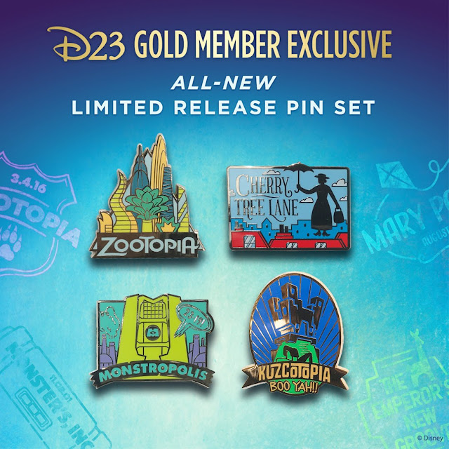 D23 Exclusive Pin Set - A Goofy Movie, Fantastic Worlds Mary Poppins, The Emperor’s New Groove, Monsters Inc and Zootopia