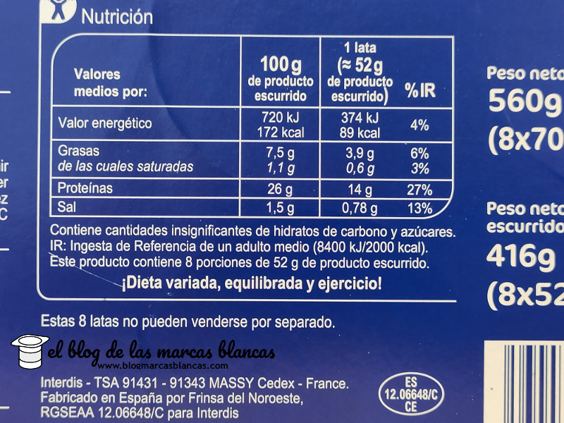 Valores nutricionales del atún claro en aceite de oliva (pack 8) CARREFOUR en el blog de las marcas blancas.