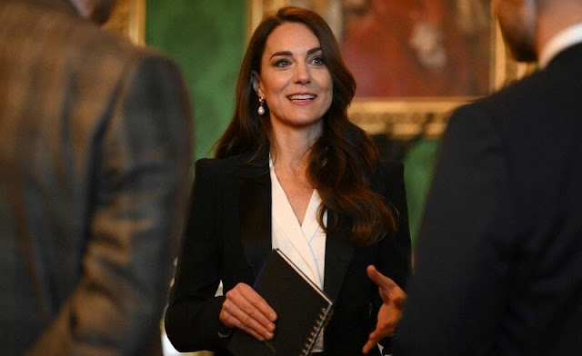 Princess of Wales wore a tailored crepe tuxedo jacket by Alexander McQueen, and cupro shirt bodysuit by Holland Cooper